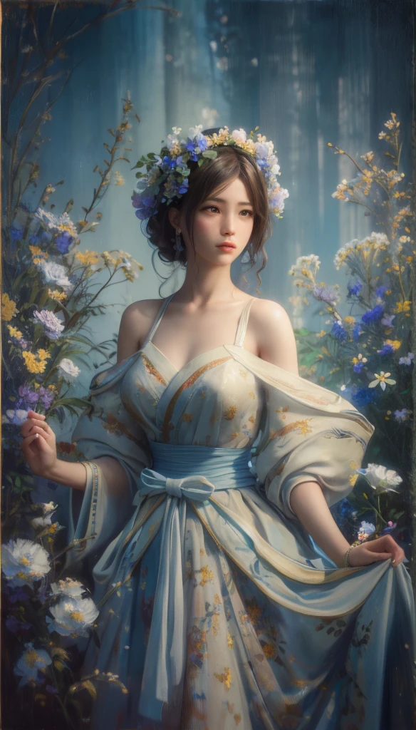 masterpiece best quality full body japanese Woman in an airy dress. flower crown. looking at viewers. surrounded by blue flowers. Blue tones, oil on canvas, cinematic lighting, soft focus, painting by dhe mozzaart, oil painting, 3d render, sepia blue effect. ultra HD, 32K