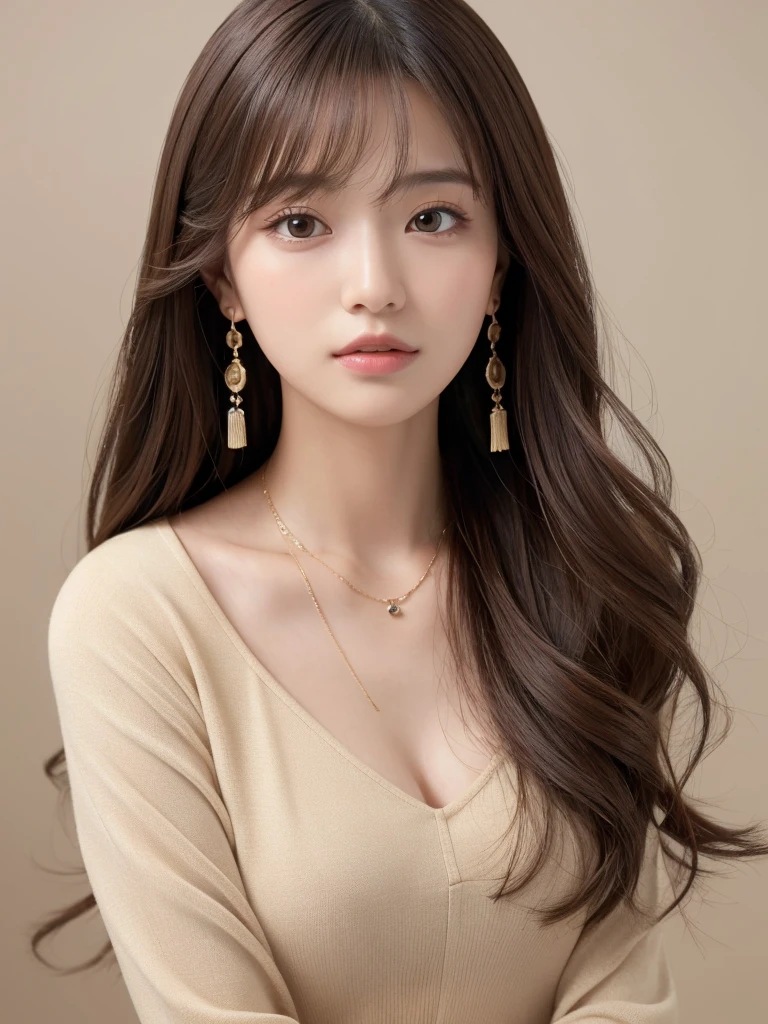  ((Highest quality, 8k, masterpiece:1.3)), concentrate: 1.2, Perfect body beauty: 1.4, Hips: 1.2, ((Long Hair, chest: 1.2)), (Dry clothes: 1.1) , (clear, Simple Background:1.3), Simple clothes: 1.1, Highly detailed face and skin texture,Delicate eyes, double eyelid, Whitened skin, Rough skin、Long Hair、Earrings with bangs、necklace、 solo、Beige coat、White shirt,  (((Beautiful girl with cute Japan)))、  ((Beautiful Japanese girl 20 years old))、 ((Baby Face))、 (((Slender body)))、  Upper Body，Face focus、necklace，Simple Background，From above， Realistic Hair、 A photograph was taken:Canon EOS R6、135mm、1/1250 seconds、f2.8、ISO400、(Detailed explanation of the hand)、(Masseter muscle area)、(Exquisite CG)、Long Hair, loose and curly hair、Korean Hair、Long Hair明るいベージュ色、グラデーションハイライトグレージュのゆるふわLong Hairスタイル、