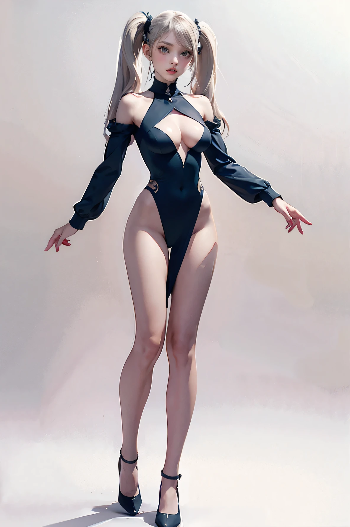 Masters of Animation, A perfect masterpiece, On a snow-white background、Cool outfits, Sexy and modern clothing、Sexy mature modern woman standing, Flowing silver hair, Twin tails,Full Body Stand Posture, Thin legs, Large Breasts, Detailed facial details, Natural and beautiful standing posture, Crisp and realistic body detail,(Browsing Caution:0.5)