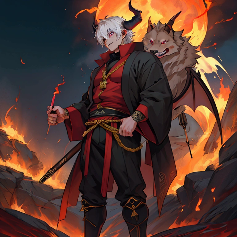 fit male demon with horns, oni horns, with horns, red skin, towerring above you, (((from below))), 500 meters tall, towering above planet, destruction, cosmic background
