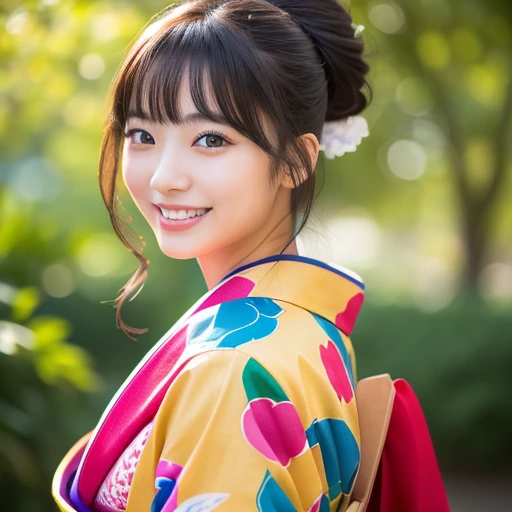 Highest quality、High resolution、Photorealistic photography。A cute 20-year-old Japanese woman wearing a vibrantly colored colorful kimono、Cute puppies walking together。The woman has a lovely smile、Extremely intricate kimono patterns and delicate facial features、Long eyelashes are characteristic、The eyes are depicted in great detail。Beautiful natural light illuminates with warm tones、Detailed background scenery spreads。4K、8KのHighest qualityで、Extremely detailed and realistic HDR images。The vibrant colors are rendered like a professional photograph.。