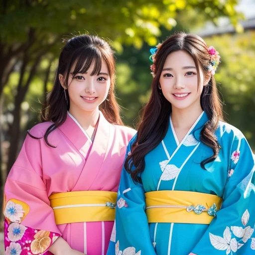 Highest quality、High resolution、Photorealistic photography。A cute 20-year-old Japanese woman wearing a vibrantly colored colorful kimono、Cute puppies walking together。The woman has a lovely smile、Extremely intricate kimono patterns and delicate facial features、Long eyelashes are characteristic、The eyes are depicted in great detail。Beautiful natural light illuminates with warm tones、Detailed background scenery spreads。4K、8KのHighest qualityで、Extremely detailed and realistic HDR images。The vibrant colors are rendered like a professional photograph.。