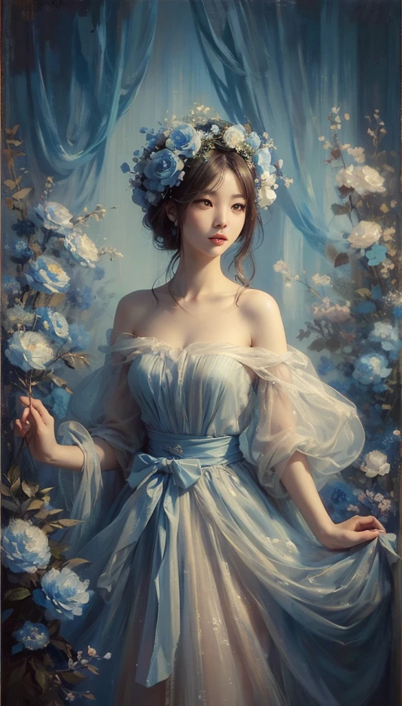 masterpiece best quality full body japanese Woman in an airy dress. flower crown. looking at viewers. surrounded by blue flowers. Blue tones, oil on canvas, cinematic lighting, soft focus, painting by dhe mozzaart, oil painting, 3d render, sepia blue effect. ultra HD, 32K