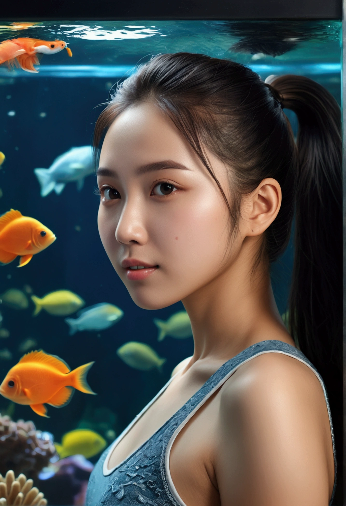 (masterpiece, best quality:1.5), (high res, 4k:1.4), (realistic, raw photo:1.3), (detailed skin, shiny skin:1.3), young Asian woman, 20-25 years old, wearing a mini skirt and tank top, hair in a ponytail, standing naturally in front of a giant aquarium tank, surrounded by marine life, soft and natural lighting, black semi-long hair, straight hairstyle, face with a pure and happy look, detailed background with fish, coral, and other aquatic creatures
