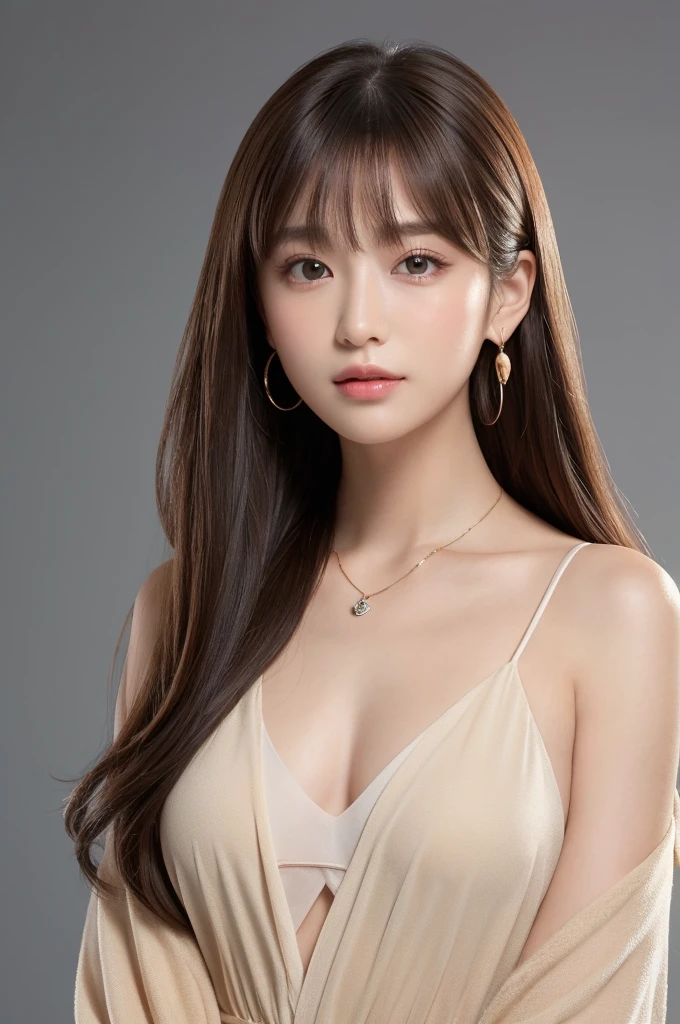 ((Highest quality, 8k, masterpiece:1.3)), concentrate: 1.2, Perfect body beauty: 1.4, Hips: 1.2, ((Long Hair, chest: 1.2)), (Dry clothes: 1.1) , (clear, Simple Background:1.3), Simple clothes: 1.1, Highly detailed face and skin texture,Delicate eyes, double eyelid, Whitened skin, Rough skin、Long Hair、Earrings with bangs、necklace、 solo、Beige coat、White shirt, (((Beautiful girl with cute Japan)))、 ((Beautiful Japanese girl 20 years old))、 ((Baby Face))、 (((Slender body)))、 Upper Body,Face focus、necklace,Simple Background,From above, Realistic Hair、 A photograph was taken:Canon EOS R6、135mm、1/1250 seconds、f2.8、ISO400、(Detailed explanation of the hand)、(Masseter muscle area)、(Exquisite CG)、Long Hair, loose and curly hair、Korean Hair、Long Hair明るいベージュ色、グラデーションハイライトグレージュのゆるふわLong Hairスタイル、