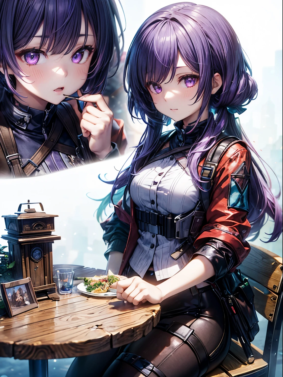 ((Table)), Anime girl with purple hair and purple eyes,style white background 、3D images,Anime girl with purple hair and purple eyes,3D images、Высокодетализированные обои CG Unity 8k, [3D images:1.15],attractive eyes、[[detailed eyes、different colored eyes、Shining eyes:1.15]],anime in 4k style, High quality detailed 8K graphics, From Girls Frontline, Гладкое аниме CG Art, barge and sakimichan, Small parts. Girls&#39; Frontline, anime mo art style, Girls Frontline CG