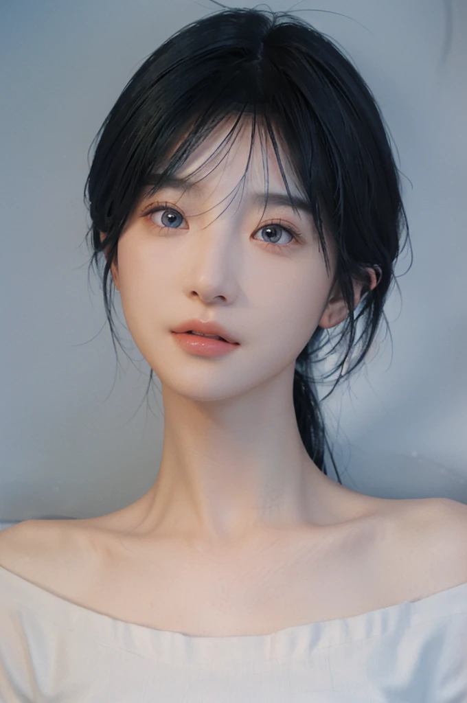 best quality，Ultra-high resolution，（lifelike：1.4），Cute hairpin，1 Girl，Bright Eyes，Blue short hair，JK，Snow-white skin，blush，slim and beautiful：1.4，，Ultra-thin face，Exquisite eyes，Double eyelids，