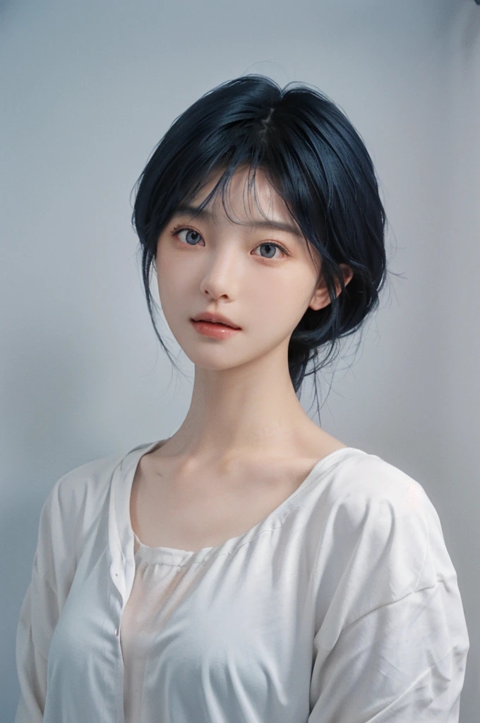 best quality,Ultra-high resolution,(lifelike:1.4),Cute hairpin,1 Girl,Bright Eyes,Blue short hair,JK,Snow-white skin,blush,slim and beautiful:1.4,,Ultra-thin face,Exquisite eyes,Double eyelids,