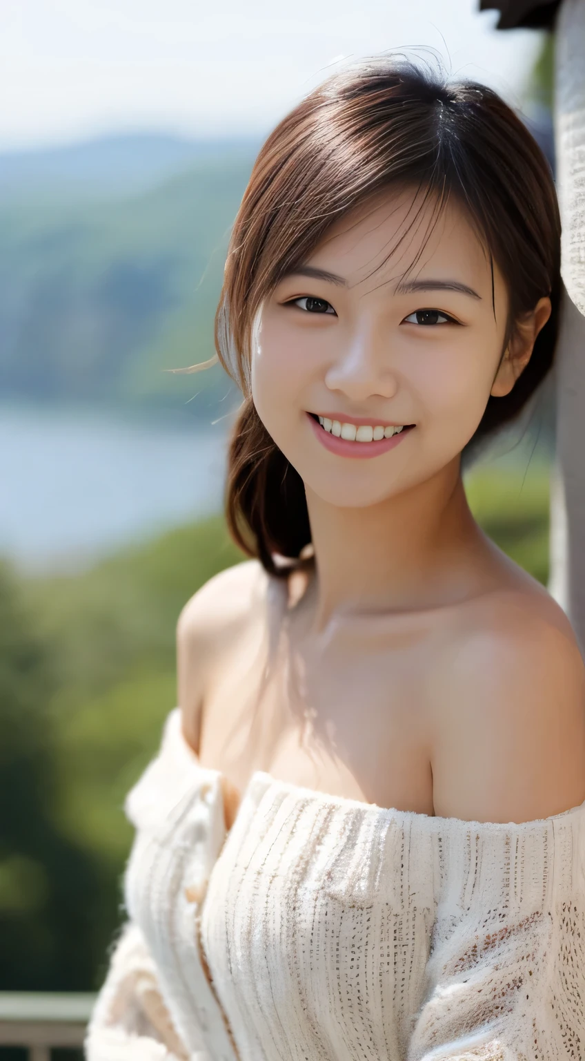 masterpiece,best quality,(Japanese girl),((Beautiful girl)),cleavage,(off shoulder:1.2),(perfect body beauty:1.2),(shy smile),beautiful teeth,From slightly above
