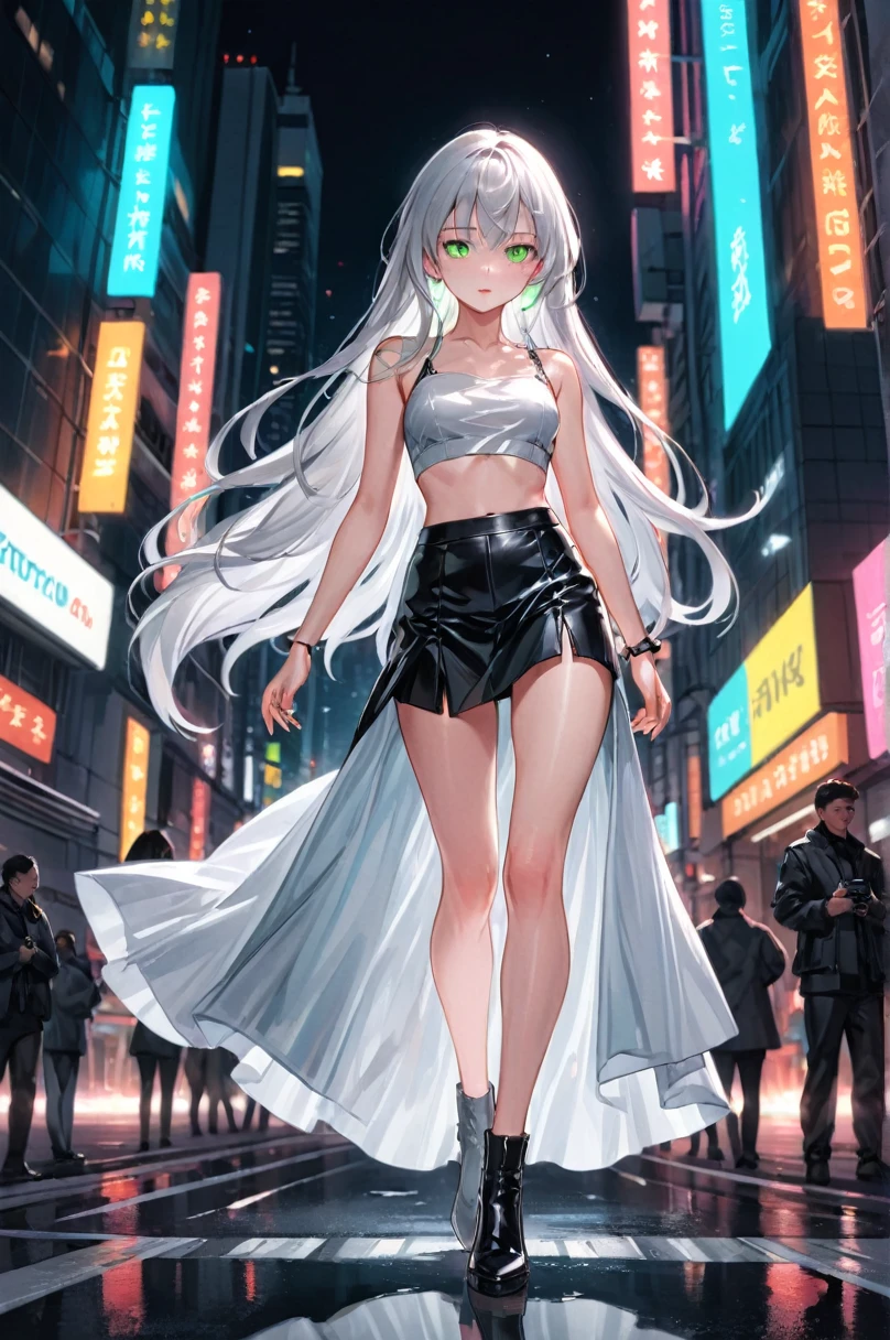 ((Best quality, 8K, masterpiece:1.3)), ultra-detailed anime style, full body, a young woman with large, expressive green eyes, ((long flowing silver hair:1.3)), wearing a daring and stylish outfit, consisting of a fitted red crop top and a short black leather skirt, (highlighting her slender and elegant figure:1.4), smooth and fair skin with a slight blush, confident and playful expression, standing on a bustling city street at night, surrounded by neon lights and skyscrapers, colorful cityscape reflected in her eyes, gentle breeze slightly lifting her hair, camera angle from a slightly low perspective, capturing the vibrant energy and excitement of the city, high detail in fabric texture and skin, dynamic lighting enhancing the scene's atmosphere.