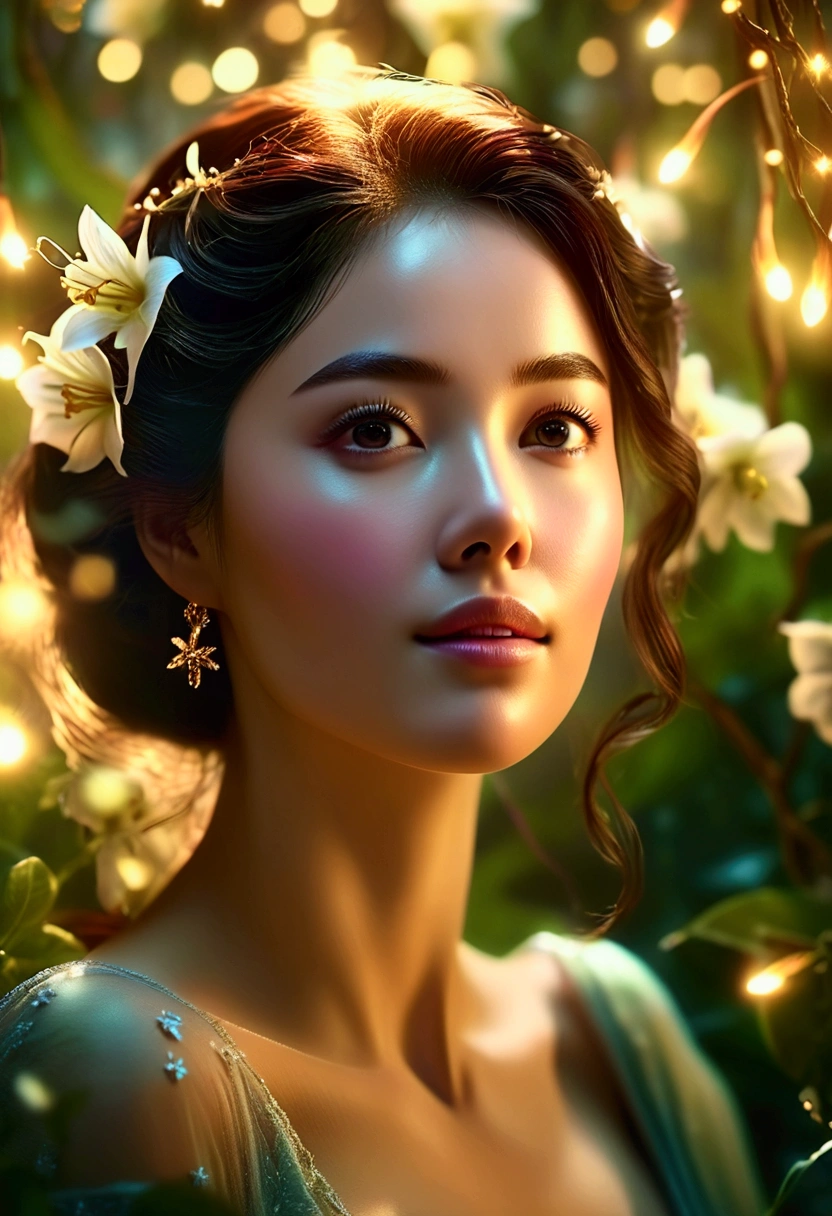 A beautiful woman with delicate features, A mystical and ethereal scene with stars, flowers, nature, It is all made up of light and luminance., (best quality, 4K,8k, high resolution, masterpiece:1.2), (Close-up angle from waist up), very detailed, (realistic:1.37),movie lights,dramatic atmospheric lighting,vivid colors, fancy, 초realistic, dreamlike, ethereal, magical, convoluted details, lush vegetation, quiet, feeble, convoluted, elegant, soft focus , feels like a movie, dramatic, great composition