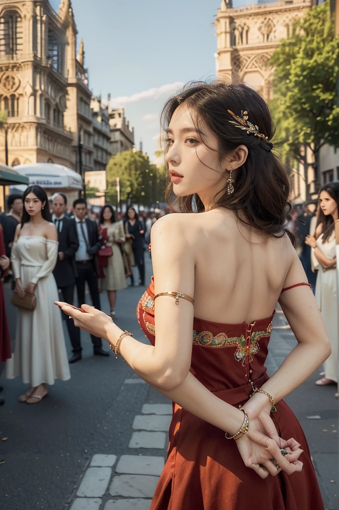 (((best quality))),(((ultra detailed))),(((masterpiece))),illustration,((1 beautiful girl,female Gypsy dancer,solo)),(shoulder length wavy bob hair:1.2),((slim,thin)),((strapless,bare back,towering hips,butt crack)),(detailed eyes:1.3),(Bohemian style embroidered red dress:1.5),(short sleeves:1.2),((earrings)),mystery,charm,(standing:1.3),(On the square outside Notre Dame Cathedral in Paris:1.5),(ancient Paris:1.2),traditional attire,vendors,fruits,handcrafted objects,pastries,bakeries,spire,Gothic architecture,sunlight,ethereal glow,busy cityscape,out of place,free spirit,creativity,lost in thoughts,dreams,possibilities,bygone era,snapshot,essence,magic of summer,(day scene:1.3),(outdoor:1.3),(surrounded by crowded crowds:1.3),((from back,upper body))