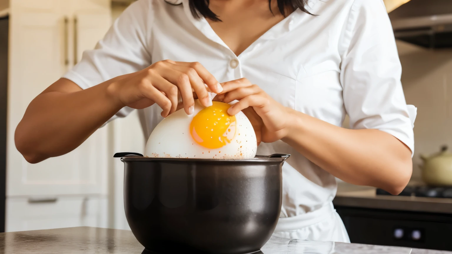 A hand is holding an egg over a pot of spicy rice in a kitchen. The rice has eggs and raisins in it.