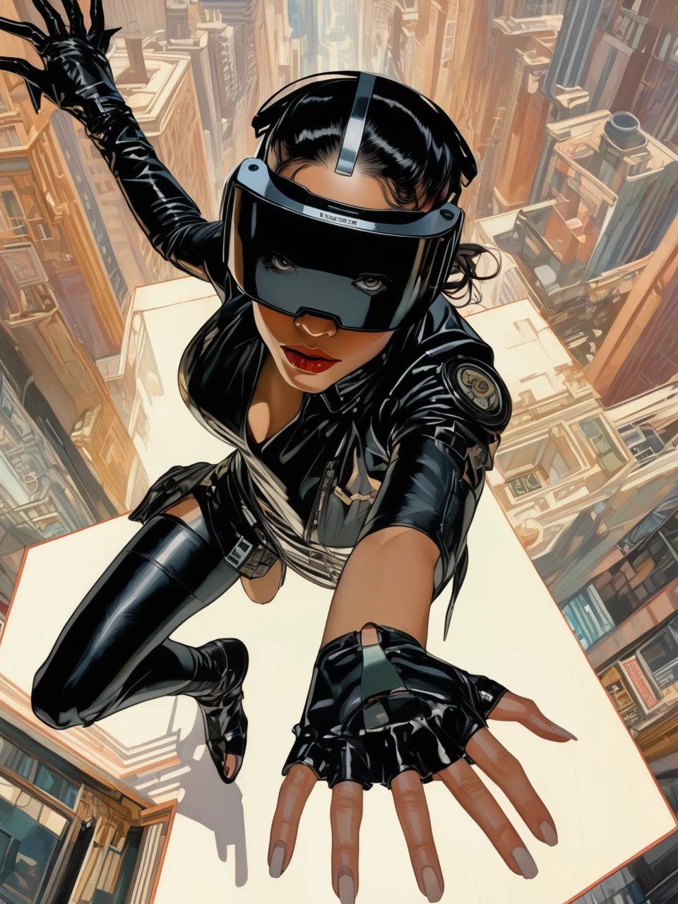 Overhead shot of a Woman in Black Cyberpunk leather, VR Headset, hand reaching out toward viewer, style by J.C. Leyendecker