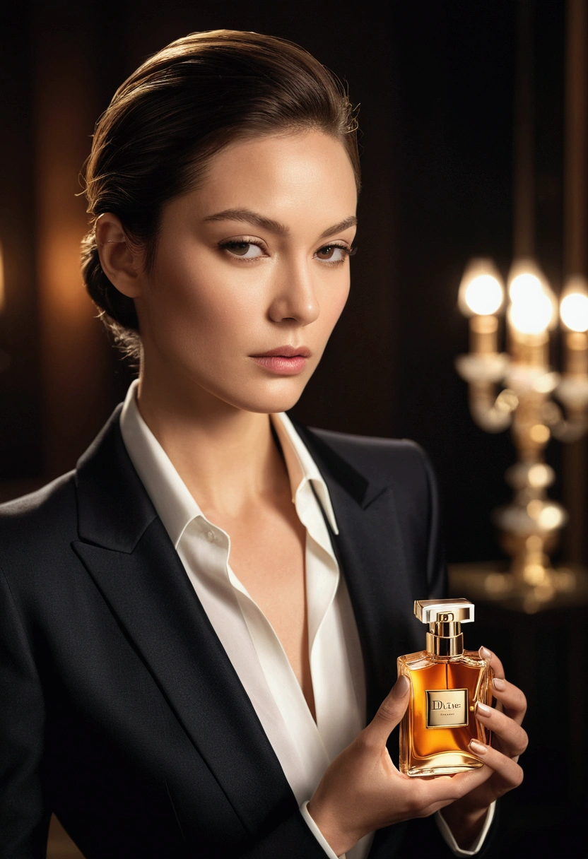 Beautiful woman, wearing a suit, sharp features, intense gaze, spraying perfume, focus on chest and perfume bottle, luxurious atmosphere, dramatic lighting, close-up, cinematic lighting, perfume, businesswoman, confident, portrait, Dior J'adore (or your desired perfume brand), professional, serious, elegant