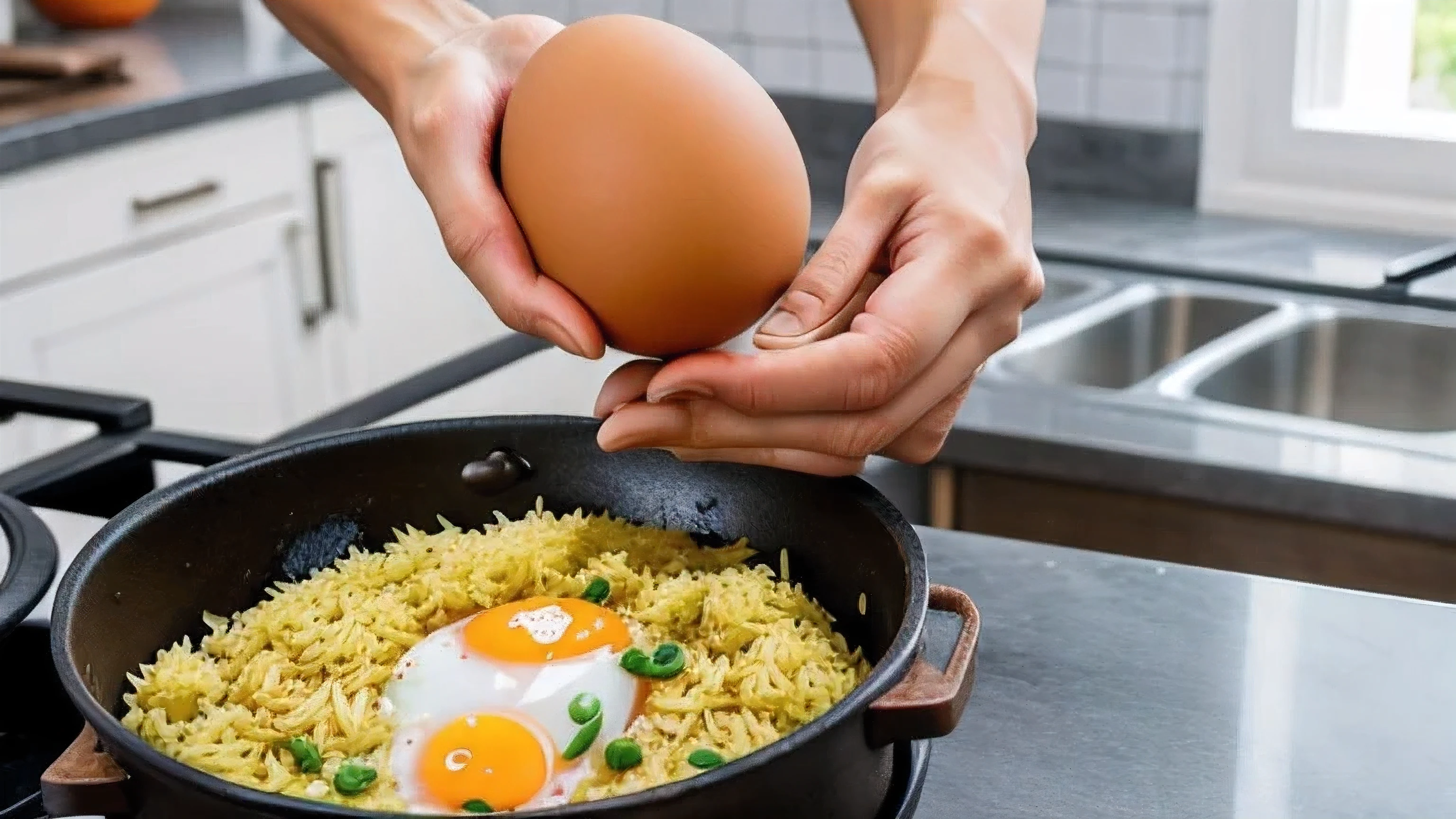 A hand is holding an egg over a pot of spicy rice in a kitchen. The rice has eggs and raisins in it.