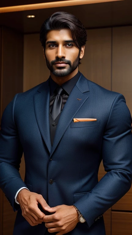 Create an ultra realistic a image of an extremely attractive handsome 30 year old only beared man exuding confidence and professionalism in his attire. he should have sharp features, mesmerizing hazel eyes, and a symmetrical face that radiates grace. The background should be dark. The man should be dressed in impeccable stylish professional attire that showcases his style and competence. Capture the essence of his determination, intelligence, and poise, making him the epitome of a successful and empowered Indian man in the corporate world.