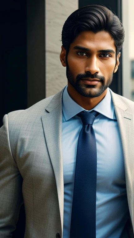 Create an ultra realistic a image of an extremely attractive handsome 30 year old only beared man exuding confidence and professionalism in his attire. he should have sharp features, mesmerizing hazel eyes, and a symmetrical face that radiates grace. The background should be dark. The man should be dressed in impeccable stylish professional attire that showcases his style and competence. Capture the essence of his determination, intelligence, and poise, making him the epitome of a successful and empowered Indian man in the corporate world.