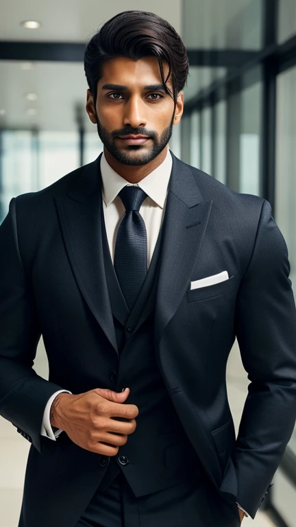 Create an ultra realistic a image of an extremely attractive handsome 30 year old only beared man exuding confidence and professionalism in his attire. he should have sharp features, mesmerizing hazel eyes, and a symmetrical face that radiates grace. The background should be dark. The man should be dressed in impeccable stylish professional attire that showcases his style and competence. Capture the essence of his determination, intelligence, and poise, making him the epitome of a successful and empowered Indian man in the corporate world.