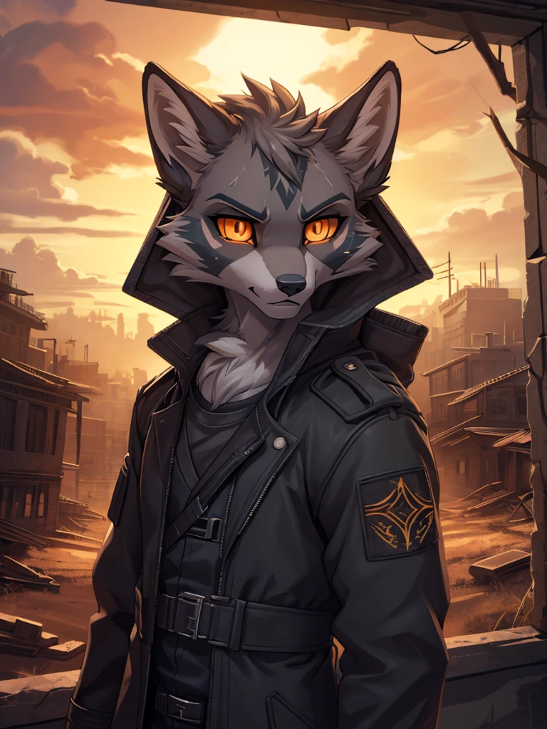 (((sfw))), high quality, best quality masterpiece, the best definition add_detail:1 aesthetic and lighting details silver fox male apocalypse surviver, dirty tactical clothing with trench coat, mature femboy, serious intense expression, thin body, apocalypse landscape, body with scars, byzantine colored markings on fur, detailed eyes, pupila amarilla orange eyes  add_detail:1