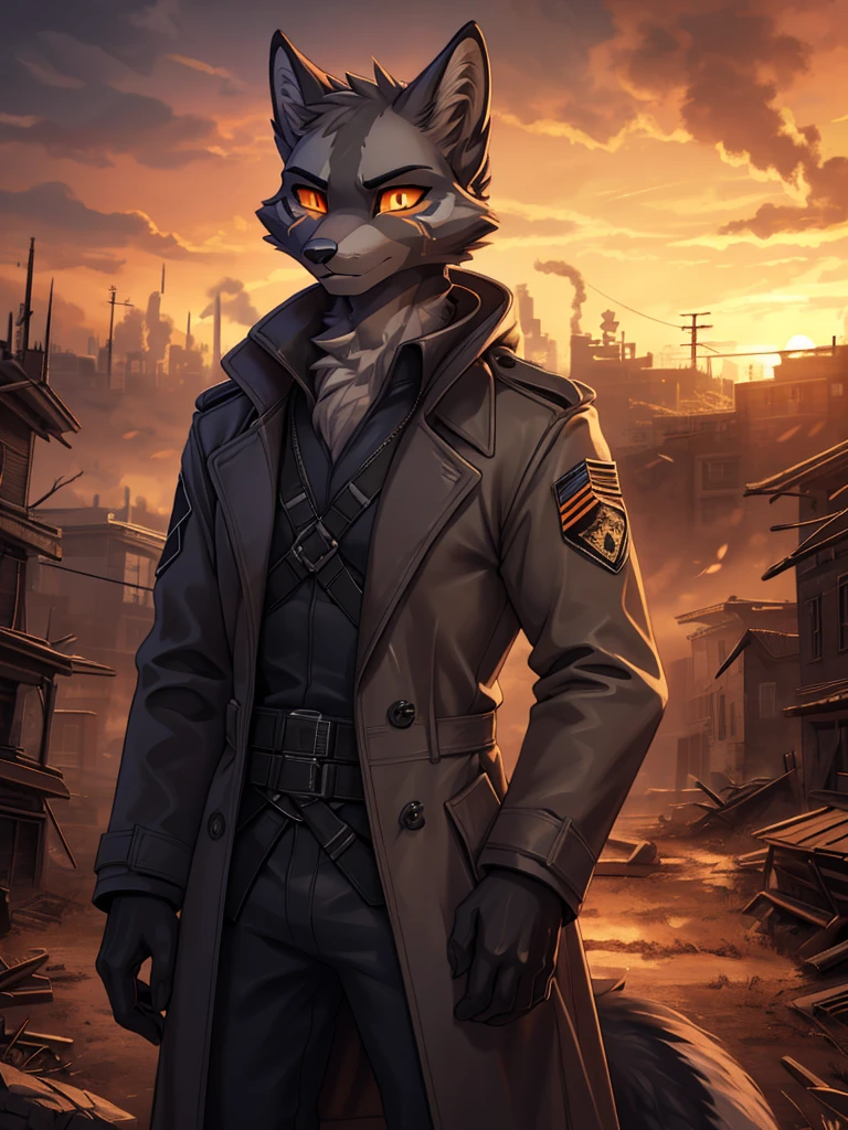 (((sfw))), high quality, best quality masterpiece, the best definition add_detail:1 aesthetic and lighting details silver fox male apocalypse surviver, dirty tactical clothing with trench coat, mature femboy, serious intense expression, thin body, apocalypse landscape, body with scars, byzantine colored markings on fur, detailed eyes, pupila amarilla orange eyes add_detail:1