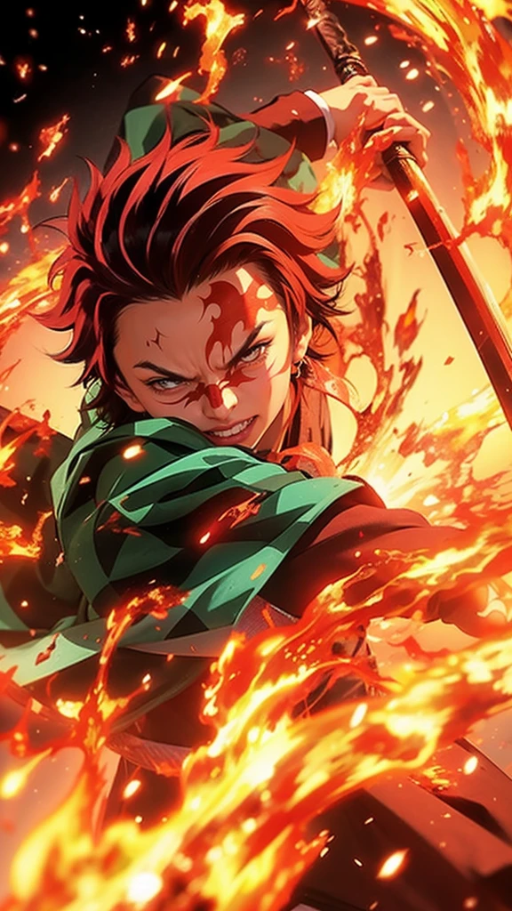 Dynamic and intense anime-style illustration featuring a young male character with spiky, dark red hair and a determined expression. His skin is light, and he has a scar on his forehead. The character is surrounded by vivid, swirling flames, which are rendered in bright oranges and reds, creating a sense of motion and energy. He is wearing a green and black checkered cloak, and he wields a sword with both hands, poised for action. The background is dark, which contrasts sharply with the bright flames, emphasizing the character's fierce and focused demeanor.