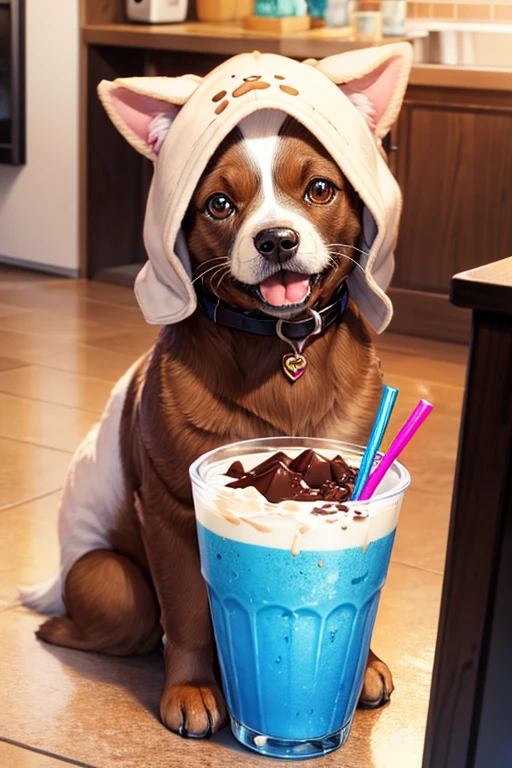 cute dog ,drinks chocolate milkshake ,