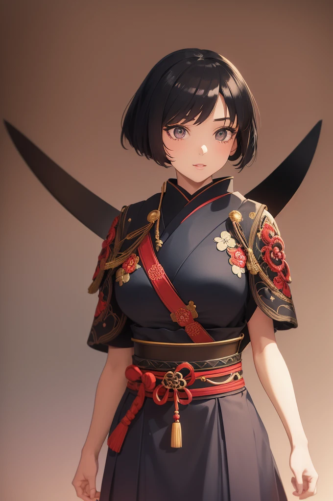 Fantasy RPG character, 26-year-old woman, samurai, Japanese Katana, Japanese clothing,black hair, ((anime)), ((best qualtiy, 8K, tmasterpiece:1.3)), Focus:1.2, perfect figure beautiful woman:1.4, 1woman, cowboy shot, look at viewer, eyes facing the camera, incredibly absurd, beautiful and cute woman, showcasing top-quality craftsmanship, cute, neat,pretty,Japanese sword