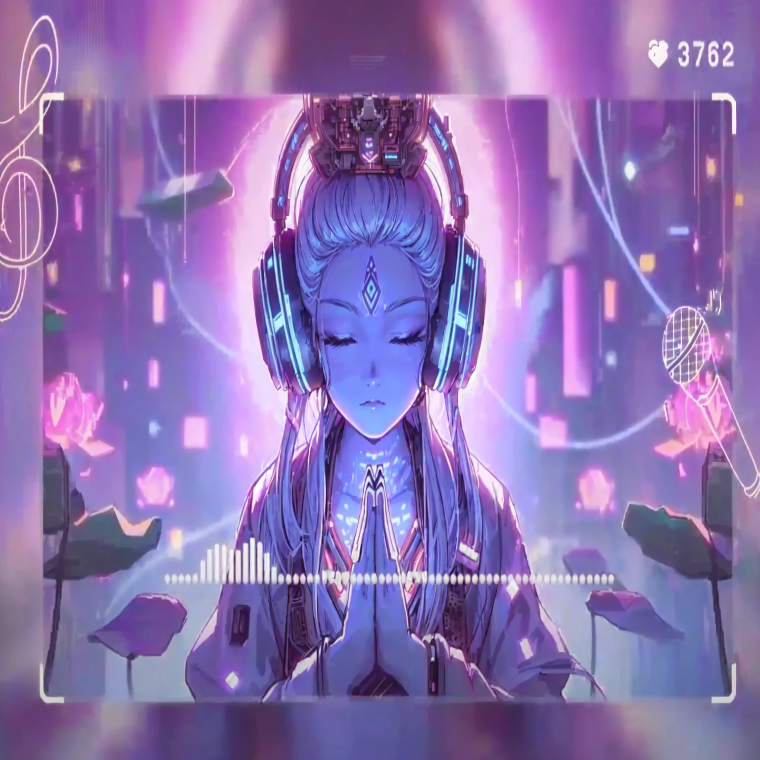 Close up of person wearing headphones with background, Zen Cyberpunk Meditation, Lopi art style, nightcore, Dreamy psychedelic animation, anime atmosphere, animation style 4 k, animation style. 8k, ( ( ( synthwave ) ) ), Celestial Mecha Theme, Guweiz style art work, big, Eyes closed.