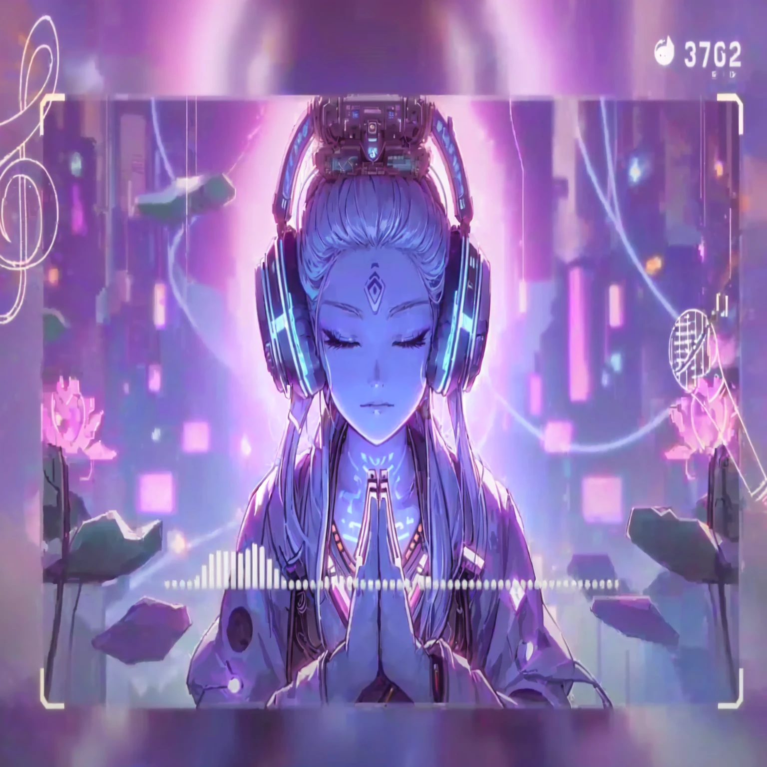 Close up of person wearing headphones with background, Zen Cyberpunk Meditation, Lopi art style, nightcore, Dreamy psychedelic animation, anime atmosphere, animation style 4 k, animation style. 8k, ( ( ( synthwave ) ) ), Celestial Mecha Theme, Guweiz style art work, big, Eyes closed.