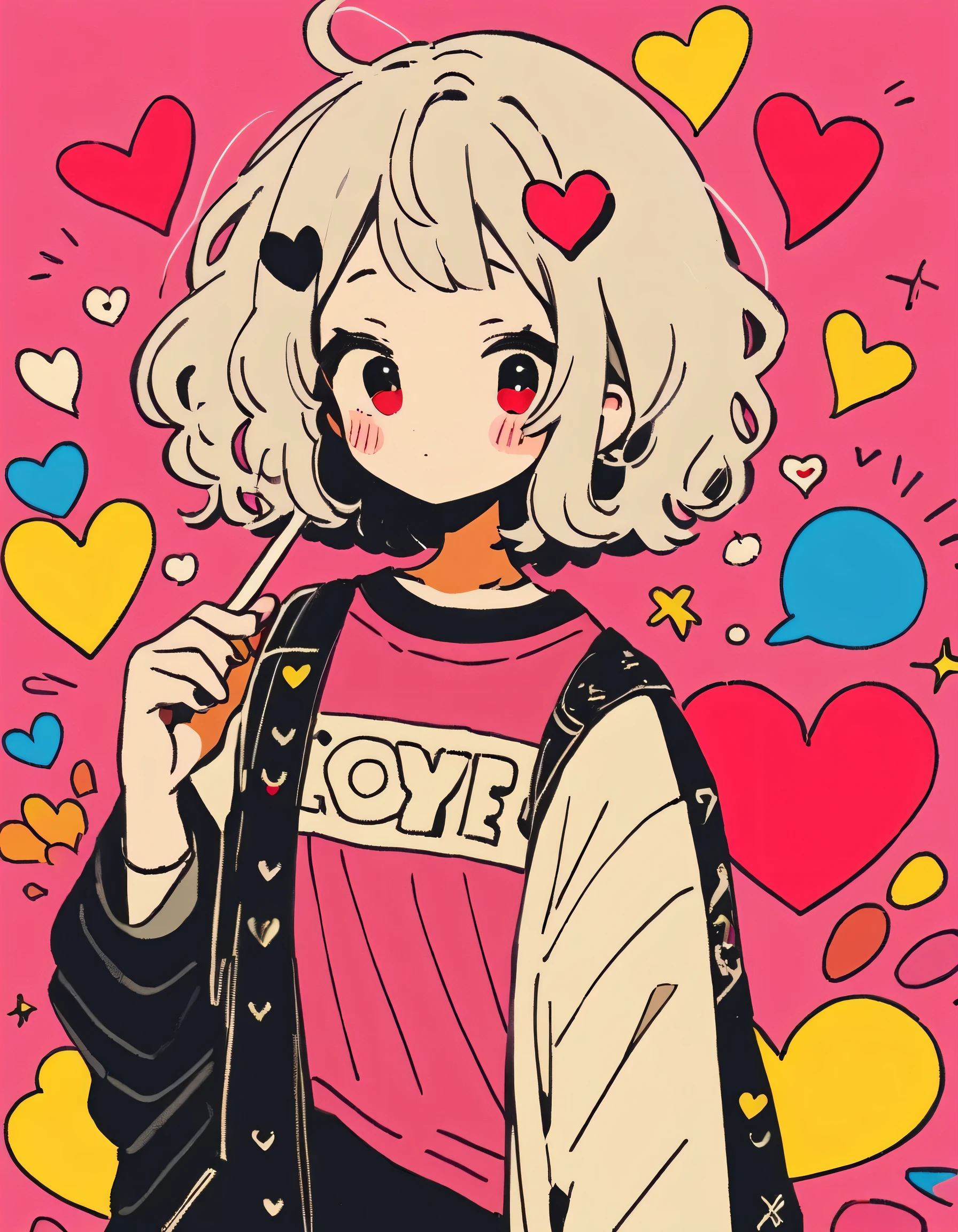 Seizo Watase style, Simple Line Initialism,Abstract art,Urban Background, colorful hearts ,(((The most beautiful girl of all time))), Sweet face. Lips in love