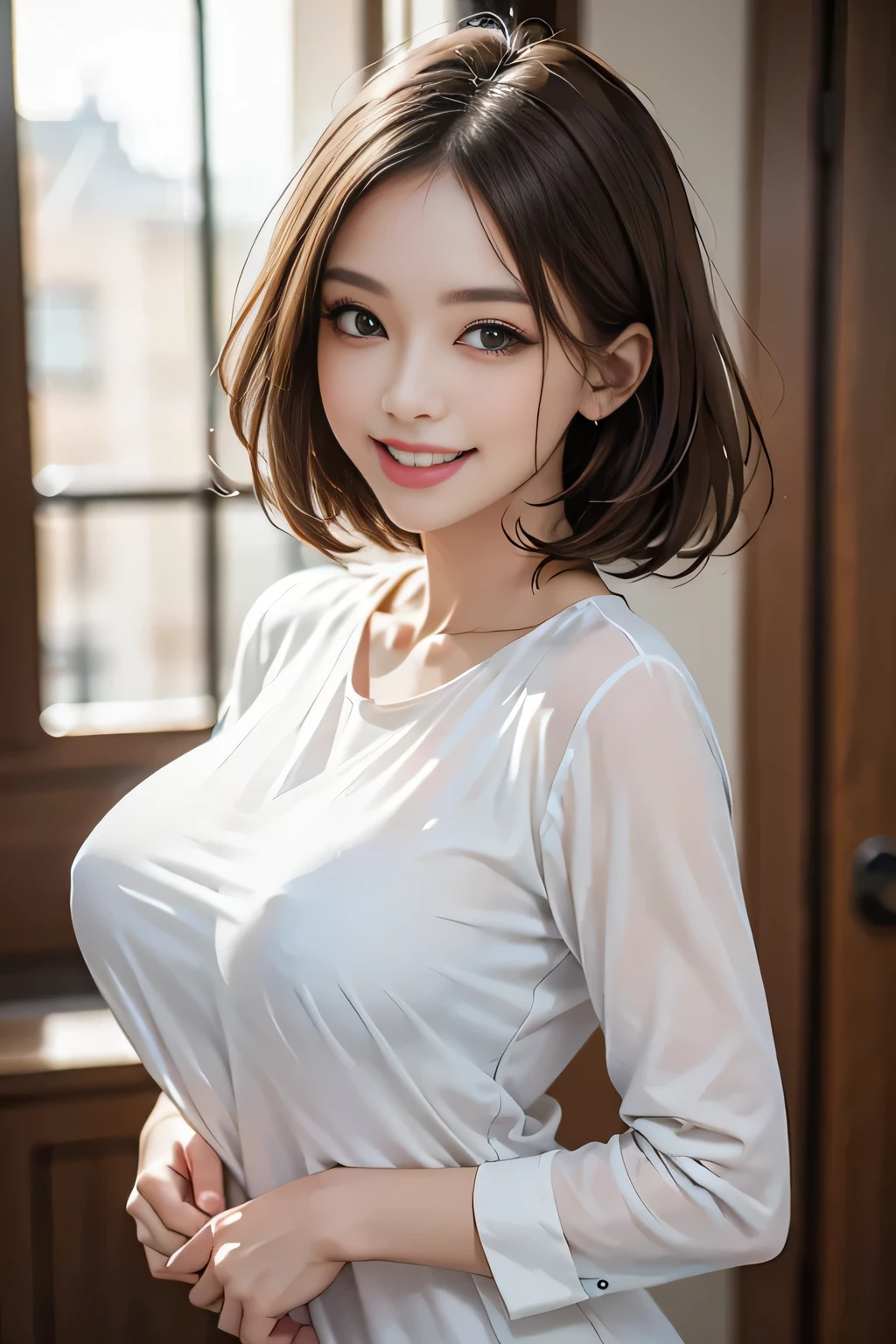 ((ultimate beautiful wife))、mature、Beautiful Face、(Big eyes:1.3), Brown eyes、Detailed lips, Beautiful eyes in every detail, double eyelid, Long eyelashes、(Huge breasts), (curve), Lips parted, Beautiful teeth alignment, blush, Captivating Gaze、Captivating smile, (brunette hair up), (Sexy short silk dress with perfect fit), futomomo, Sexy pose, Detailed background, background: (Celebrity Mansions)、Realistic background and accessories、((Cowboy Shot))、(Advanced Depth of Field)、((masterpiece))、((Highest quality))、reality、reality、High resolution、Very detailed、reality lighting, reality