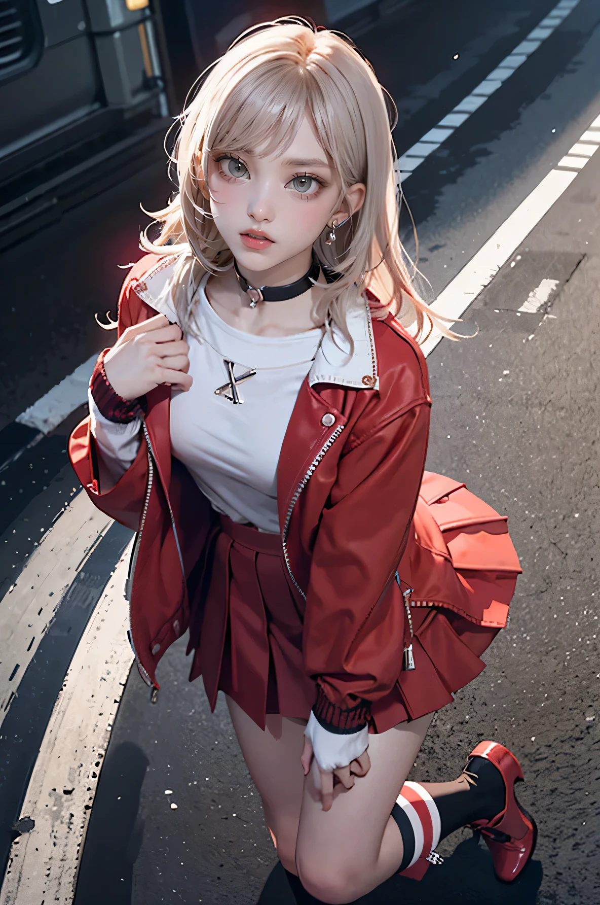 masterpiece, Highest quality, Red knee socks, Red jacket, Pleated skirt, Red Skirt, Long sleeve, choker, Red Shirt, Open jacket, White ribbon, High heel boots, Asphalt road, Traces of Gaze, Night Sky, neon, From above,Revealing clothing,NSFW,