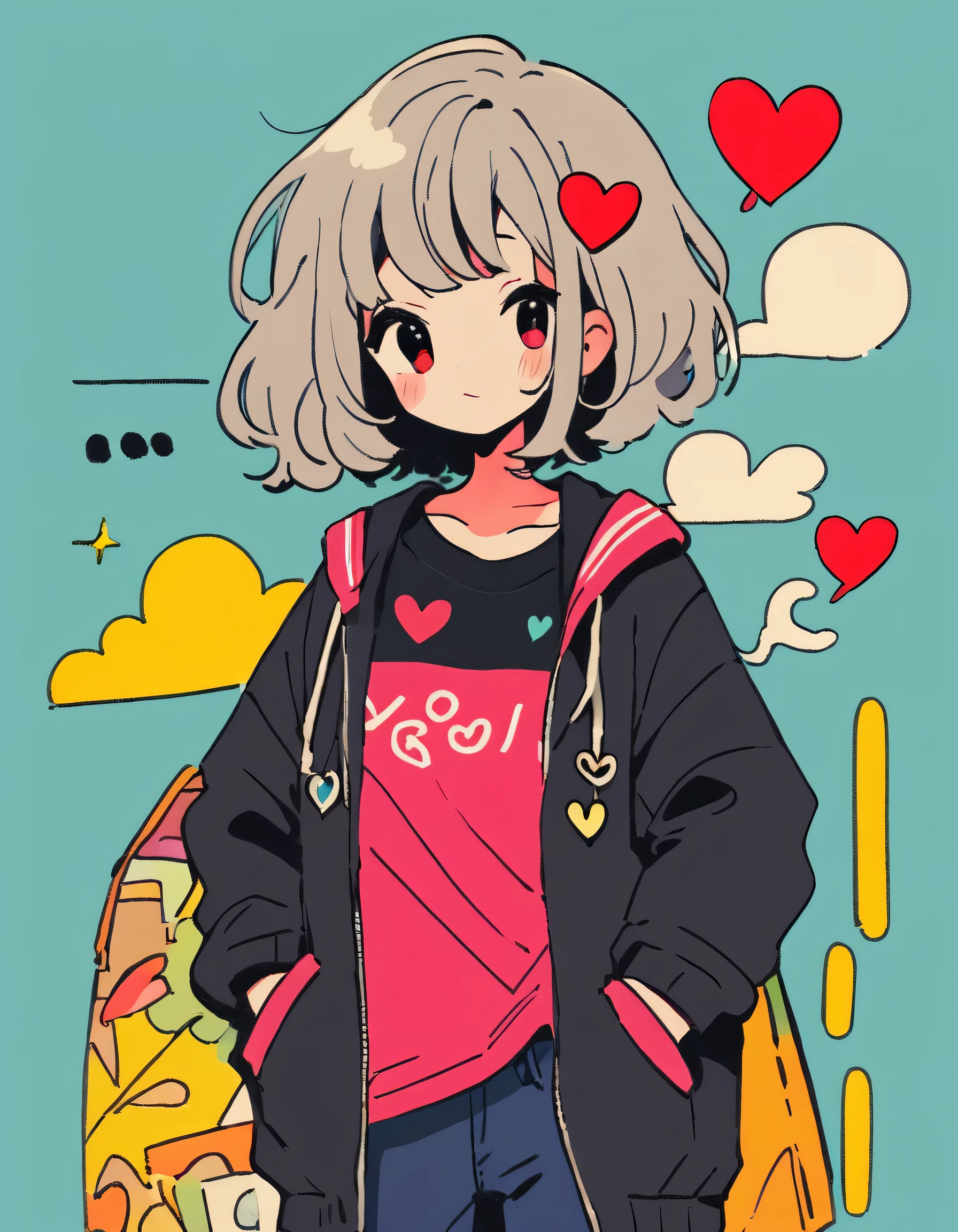 Seizo Watase style, Simple Line Initialism,Abstract art,Urban Background, colorful hearts ,(((The most beautiful girl of all time))), Sweet face. Lips in love