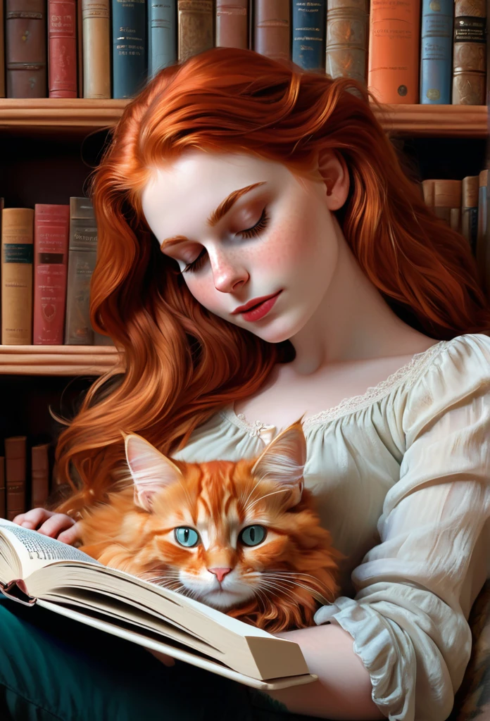 red-haired girl [Elizabeth II:Maude Adams:0.45] with her full sized  red mainecoon cat, (best quality, masterpieces, ultra-detailed), beautiful detailed eyes, beautiful detailed lips, longeyelashes, vibrant colors, illustrative style, oil painting texture, flowing red hair, at her cozy reading nook while her mainecoon cat is sleeping on her lap, cluterry on the shelf, books and amenities, soft sunlight, lively expression, joyful interaction with the cat, dynamic pose, realistic rendering.