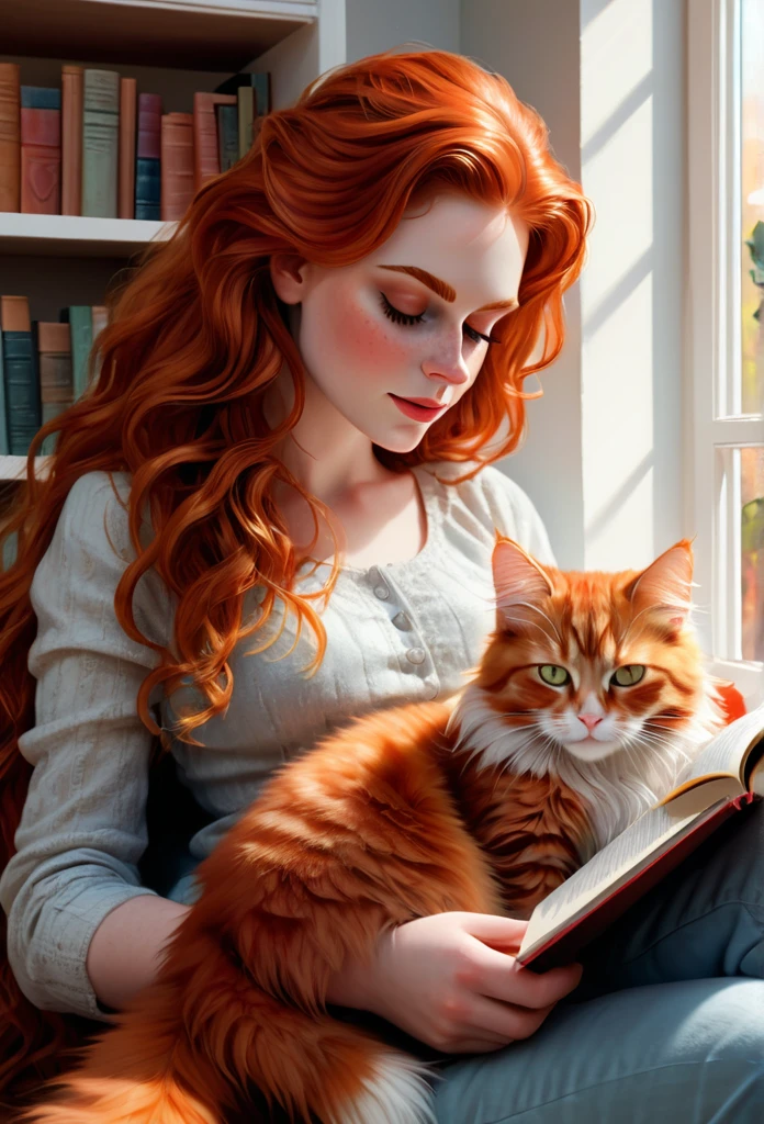 red-haired girl [Elizabeth II:Maude Adams:0.45] with her full sized  red mainecoon cat, (best quality, masterpieces, ultra-detailed), beautiful detailed eyes, beautiful detailed lips, longeyelashes, vibrant colors, illustrative style, oil painting texture, flowing red hair, at her cozy reading nook while her mainecoon cat is sleeping on her lap, cluterry on the shelf, books and amenities, soft sunlight, lively expression, joyful interaction with the cat, dynamic pose, realistic rendering.