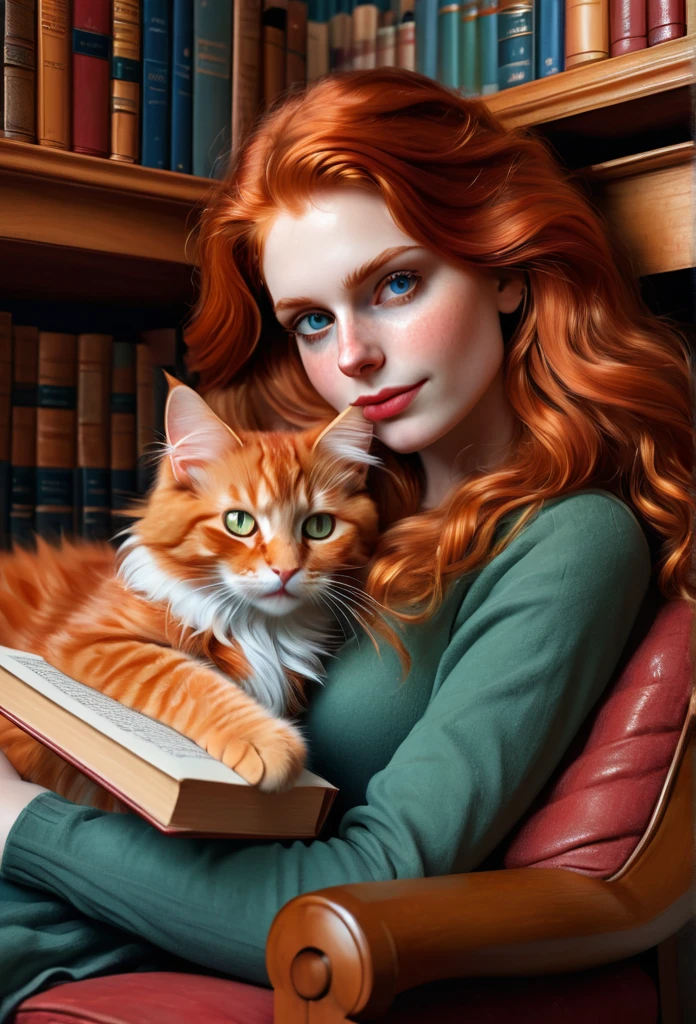 red-haired girl [Elizabeth II:Maude Adams:0.45] with her full sized  red mainecoon cat, (best quality, masterpieces, ultra-detailed), beautiful detailed eyes, beautiful detailed lips, longeyelashes, vibrant colors, illustrative style, oil painting texture, flowing red hair, at her cozy reading nook while her mainecoon cat is sleeping on her lap, cluterry on the shelf, books and amenities, soft sunlight, lively expression, joyful interaction with the cat, dynamic pose, realistic rendering.