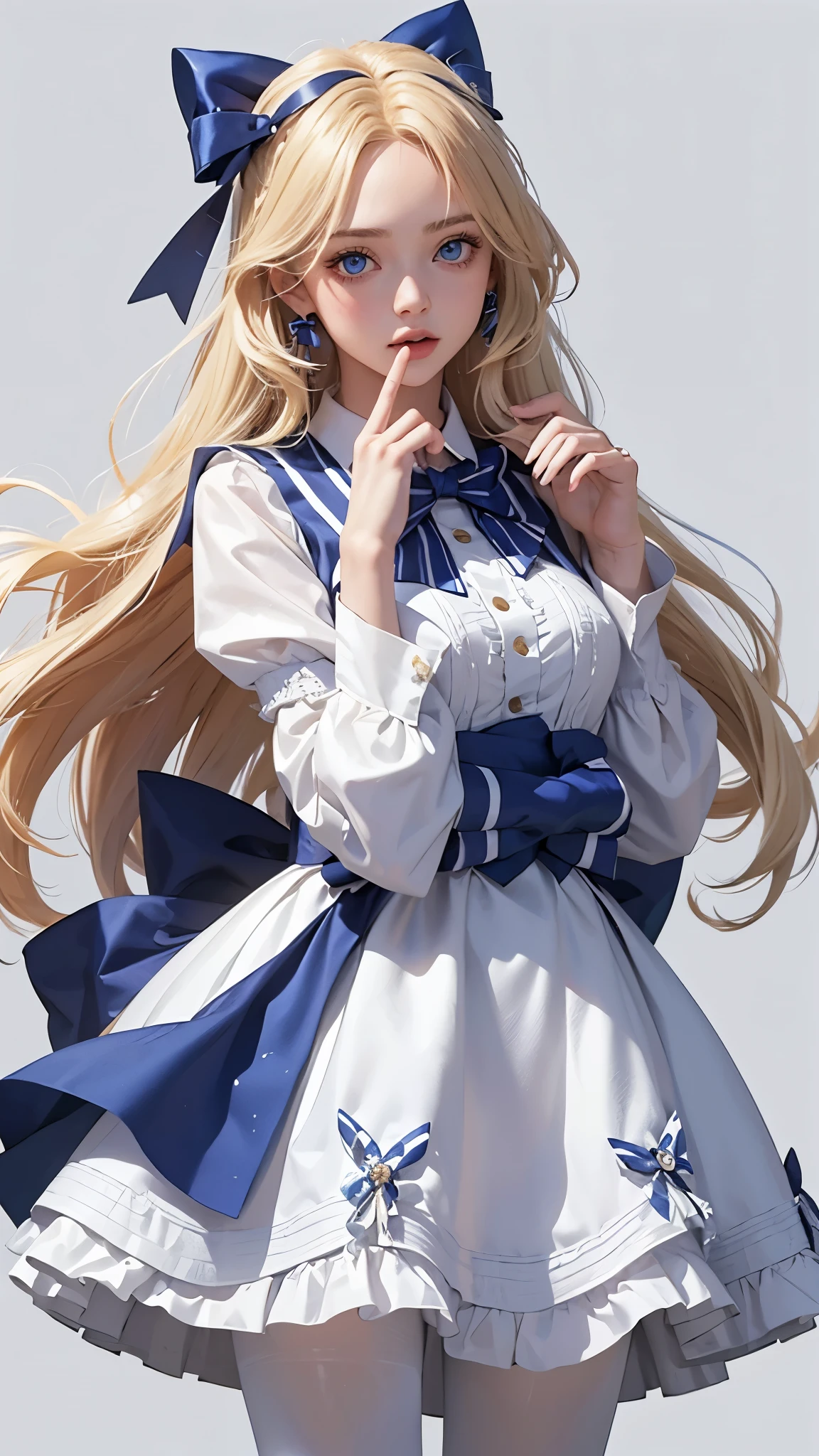 1girl, solo, expressionless, middle finger, looking at viewer, simple background, m3gandoll, doll, long hair, blue eyes, blonde hair, forehead, dress, striped sleeves, big bowtie, multicolored bowtie, white pantyhose, pantyhose,