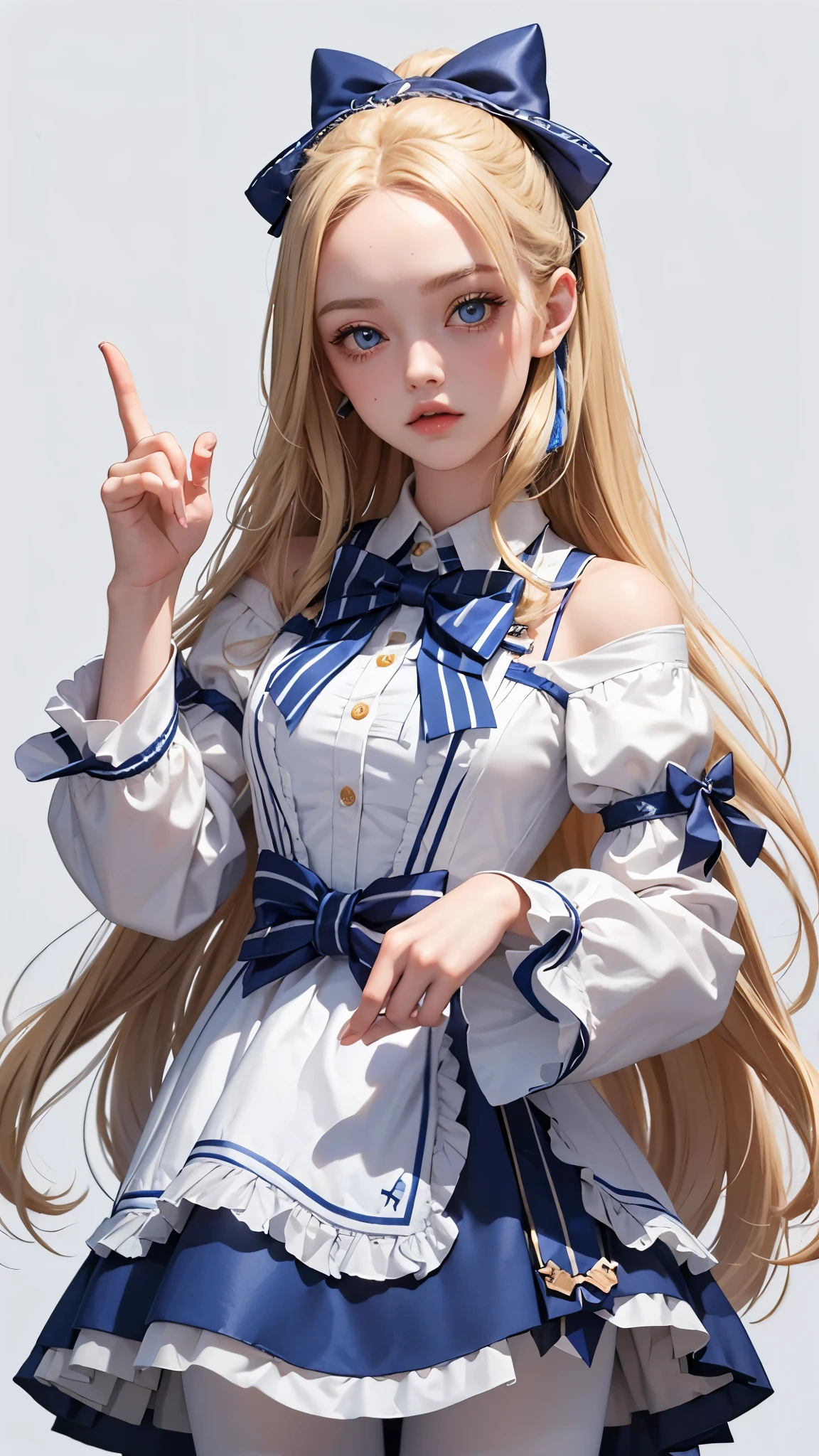 1girl, solo, expressionless, middle finger, looking at viewer, simple background, m3gandoll, doll, long hair, blue eyes, blonde hair, forehead, dress, striped sleeves, big bowtie, multicolored bowtie, white pantyhose, pantyhose,