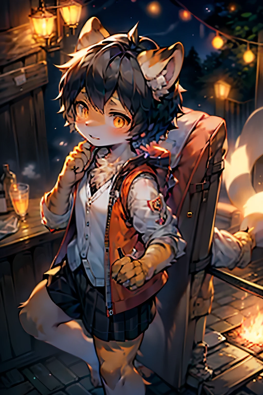 Tiger Girl，Furry girls， girl characteristics，Black hair，Orange Skin，Vest，Short skirt