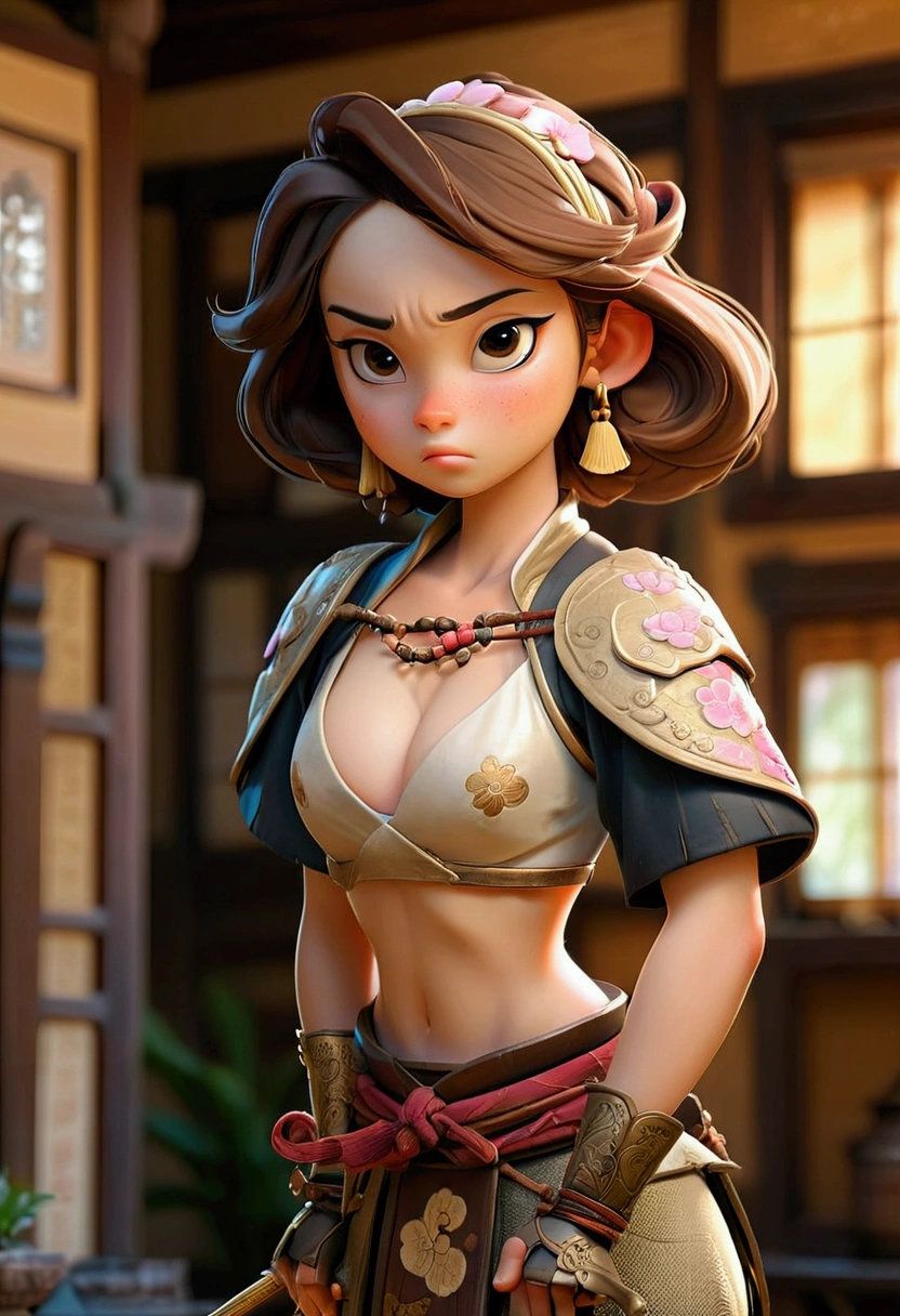 Stable Diffusion Prompt: A majestic 18-year-old Japanese maiden, adorned in ornate samurai armor, stands proudly within an ancient Japanese home's rustic interior. Ella's revealing thong showcases toned hips and medium-sized breasts, while golden sunlight casts a flattering glow on her porcelain complexion. Confidently gazing directly into the camera lens, she exudes strength and beauty.