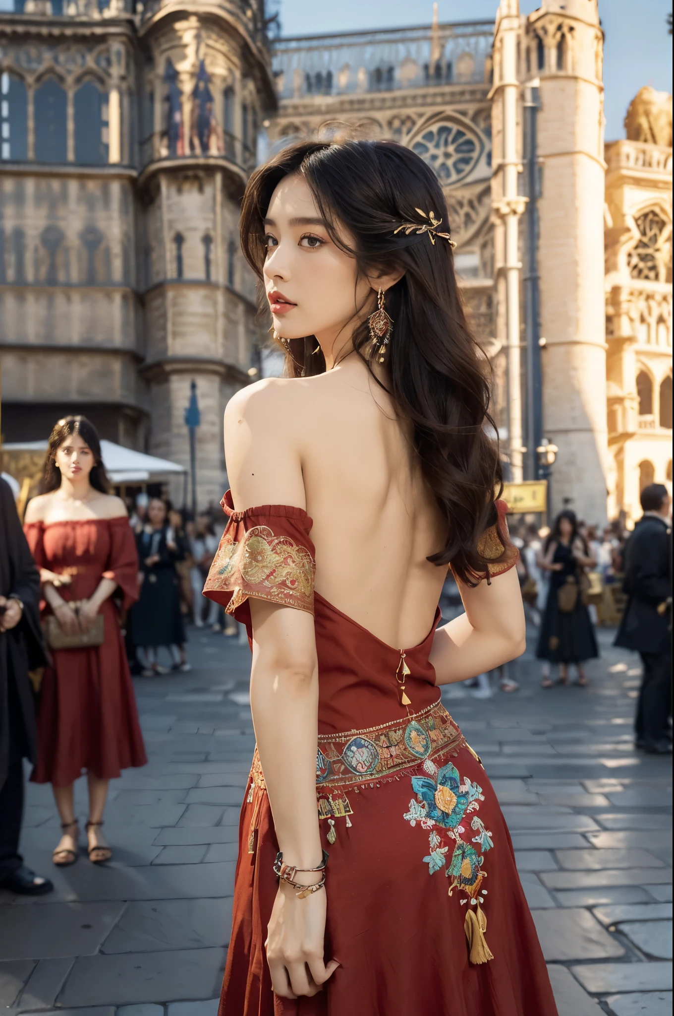 (((best quality))),(((ultra detailed))),(((masterpiece))),illustration,((1 beautiful girl,female Gypsy dancer,solo)),(shoulder length wavy bob hair:1.2),((slim,thin)),((strapless,bare back,towering hips,butt crack)),(detailed eyes:1.3),(Bohemian style embroidered red dress:1.5),(short sleeves:1.2),((earrings)),mystery,charm,(standing:1.3),(On the square outside Notre Dame Cathedral in Paris:1.5),(ancient Paris:1.2),traditional attire,vendors,fruits,handcrafted objects,pastries,bakeries,spire,Gothic architecture,sunlight,ethereal glow,busy cityscape,out of place,free spirit,creativity,lost in thoughts,dreams,possibilities,bygone era,snapshot,essence,magic of summer,(day scene:1.3),(outdoor:1.3),(surrounded by crowded crowds:1.3),((from back,upper body))