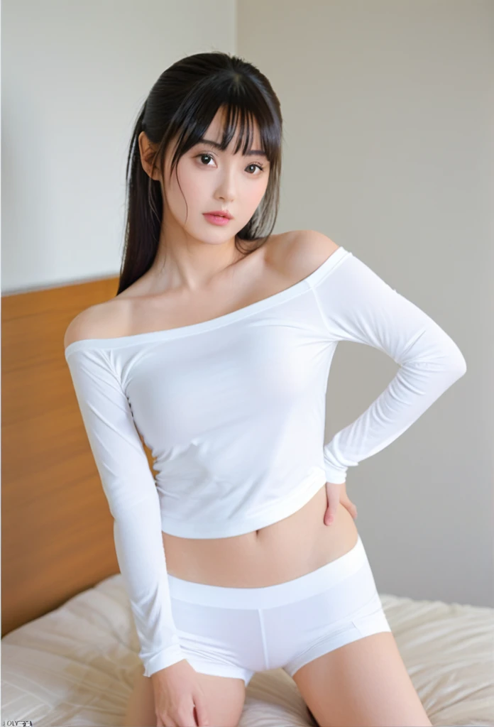 close-up of beautiful Japanese, Yanagi Yurina is a Japanese actress and model, Kana is a female character Junpei Think Again 2018 Japanese action movie, age 22 years old girl, youthful face, white skin body, perfect body, very rapunzel long hair, standard black hair, her hair is very straight and smoth, flat bangs hair, 34 inches breasts size, wearing a plain standard bright red off shoulder long sleeved t-shirt, wearing a tight plain standard bright white spandex boyshort pant short leggings, sexy looking pose, pose a naughty look, pose looks seductive, at the boyfriend bedroom, boyfriend bedroom background, UHD