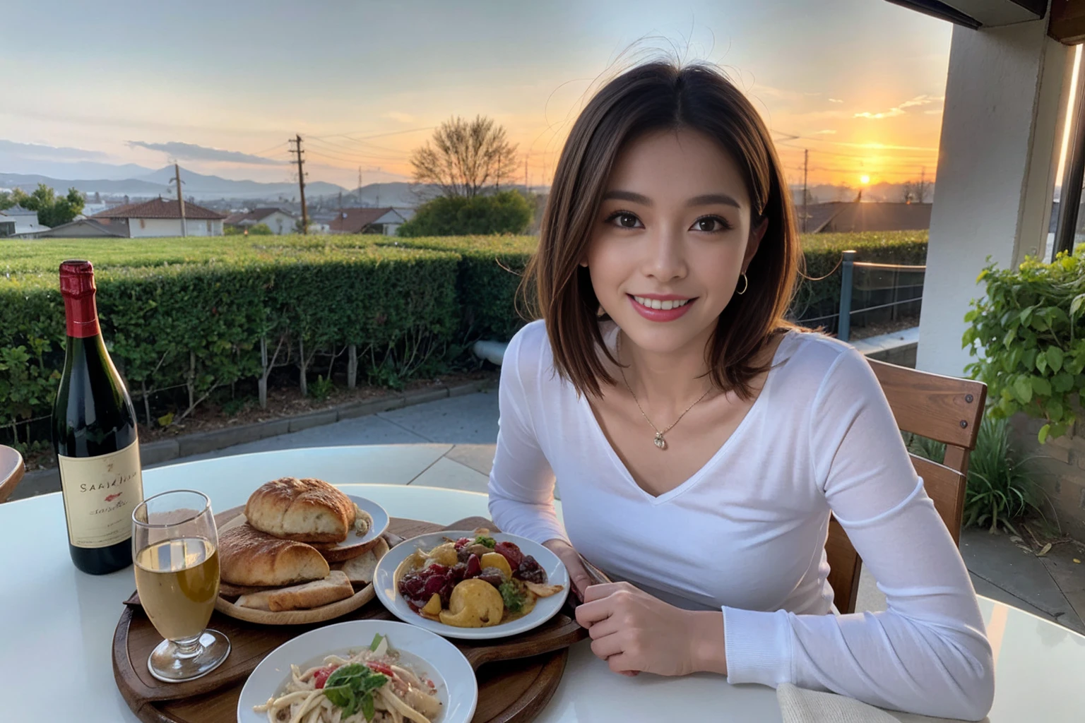 （Realistic:1.1）,(masterpiece,Highest quality)，8k,(49 years old), 47 years old, slimカップル、Model Couple、actress/actor、Tight waist,Upper Body,full-course dinner、wine 、Amazing view of the sunset sky and clouds、Perfect Anatomy, Brown Hair, short hair,Random Hairstyles,((Highly detailed face and eyes:1.2))，Perfect golden ratio face，Long sleeve shirt、dress,(smile:1.2)、Shortcuts、cute、(Realistic, Intricate details:1.2), A bright smile、short hair,Bright Face、赤wine 、Appetizers、Italian food、wine bottle、Champagne、スパークリングwine、(slimな顔), (The body is slim), (Brown Hair), (Shortcuts),  Upper Body, 白wine, slim, wineグラス, 