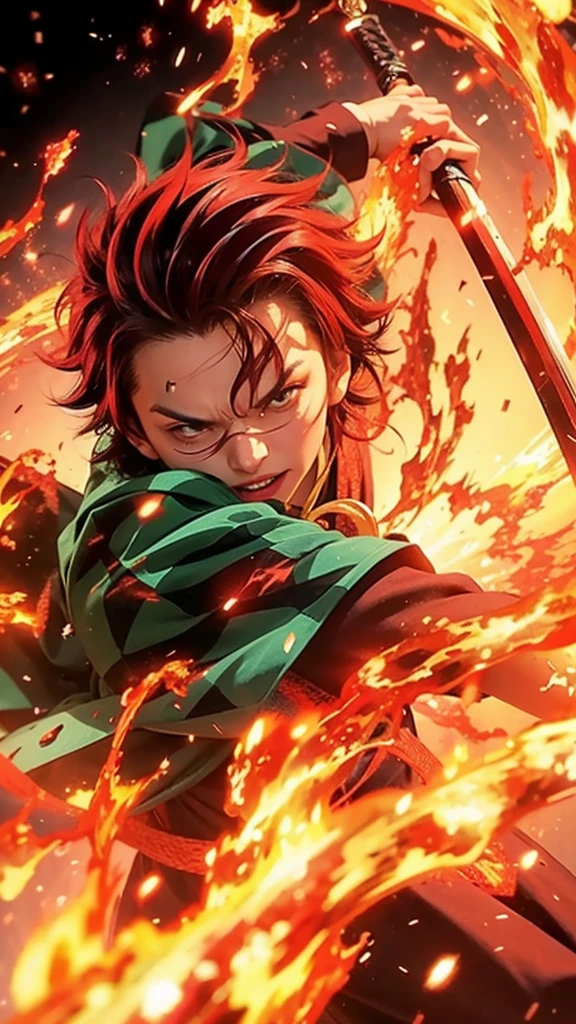 Dynamic and intense anime-style illustration featuring a young male character with spiky, dark red hair and a determined expression. His skin is light, and he has a scar on his forehead. The character is surrounded by vivid, swirling flames, which are rendered in bright oranges and reds, creating a sense of motion and energy. He is wearing a green and black checkered cloak, and he wields a sword with both hands, poised for action. The background is dark, which contrasts sharply with the bright flames, emphasizing the character's fierce and focused demeanor.