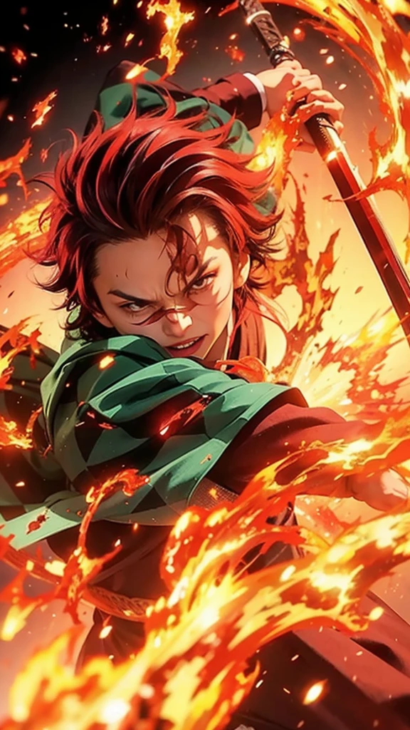 Dynamic and intense anime-style illustration featuring a young male character with spiky, dark red hair and a determined expression. His skin is light, and he has a scar on his forehead. The character is surrounded by vivid, swirling flames, which are rendered in bright oranges and reds, creating a sense of motion and energy. He is wearing a green and black checkered cloak, and he wields a sword with both hands, poised for action. The background is dark, which contrasts sharply with the bright flames, emphasizing the character's fierce and focused demeanor.