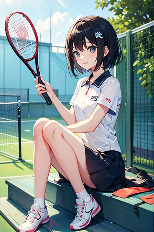 Highest quality、Black Hair、Iris、short hair、girl、cute、16 years old、、Small hair ornament、1 person、Tennis Wear、Receiving the winning trophy、Happy expression、