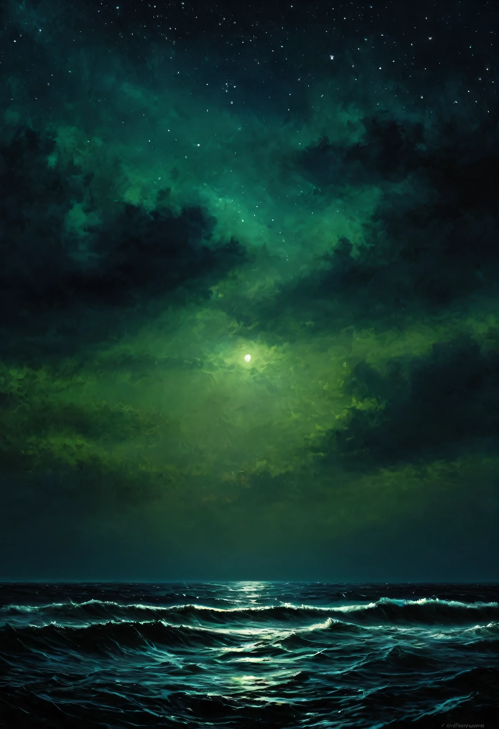 Sea , digital painting, high quality the darkest longest night of the year, style of Ralph Blakelock, Ed Emshwiller, Marianna Rothen, Arthur Rackham, Niko Anttila