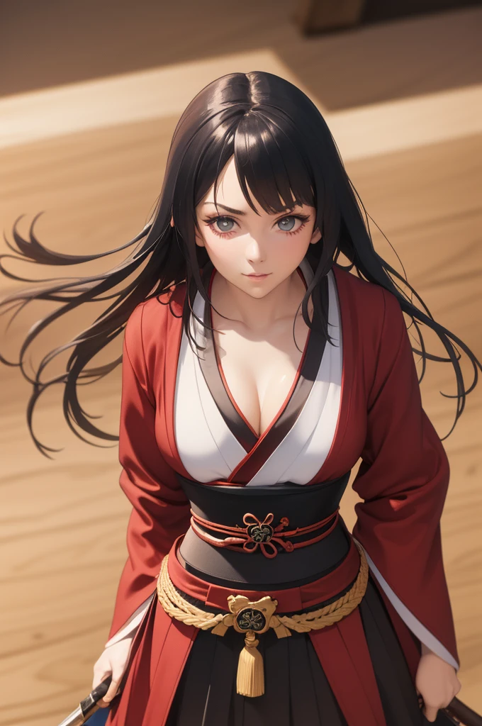 Fantasy RPG character, 26-year-old woman, samurai, Japanese Katana, Japanese clothing,black hair, ((anime)), ((best qualtiy, 8K, tmasterpiece:1.3)), Focus:1.2, perfect figure beautiful woman:1.4, 1woman, cowboy shot, look at viewer, eyes facing the camera, incredibly absurd, beautiful and cute woman, showcasing top-quality craftsmanship, cute, neat,pretty,Japanese sword