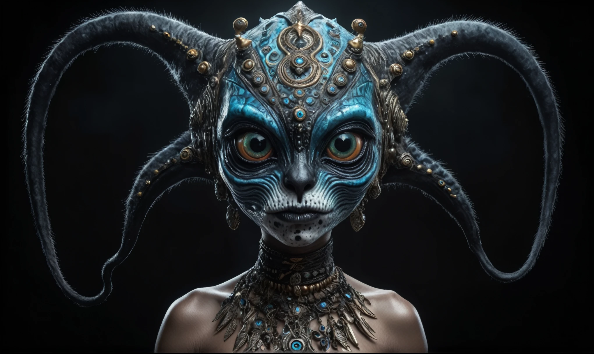 full body length shot,nerd graphite Alien Entity,native africa slave ,azctec Finnish Lapland,Cinematic,soft colors, Technicolor,natural skin textures, hyper realism, hyper detailed,Extremely detailed,High contrast,Masterpiece,Realistic,Ultra Detailed, intricate details,realistic humid leather,extremely intricate details,Epic Realistic, cinematic style, irina yermolova,high contrast,hdr,extremely detailed,day landscape,masterpiece, intricate details, eyes extremely detailed, high detailed eyes,8k resolution,retina, Nikon Z9,Korea,orc,Egypt, Pisces, transition between two art styles,full body length, Double contact, X-ray, Creative, vivid light, fantasy, Abstract, Surrealism, super detailed, high resolution,insanity national folk wear,skin almost translucent, gothic elements,Mestichino,Light particles,chaos,starfish's leather,"(The best lighting, dark, dramatic),(alien cat half-skull fetus, Hellraiser, Scars, , poison brain, , a rat inside the head, terror.),(fish eyes, calaveras